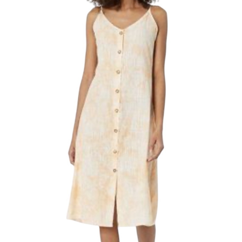 Roxy Wild Ties Cottagecore Button Front Cotton Midi Slip Dress Small Apricot Ice
